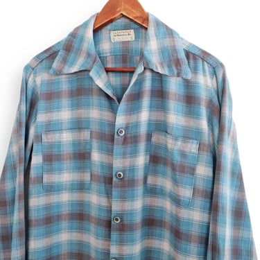 vintage button up / 60s plaid shirt / 1960s blue plaid cotton long sleeve button up shirt Medium 