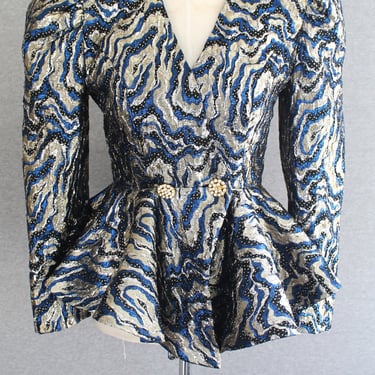 1980s - Puff Sleeves and Peplum - Cocktail Jacket - Silver Lame - by Raul Blanco retailed by  Neiman Marcus 