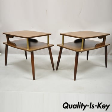 Mid Century Modern Walnut and Laminate Top 2 Tier Step Up End Tables - a Pair