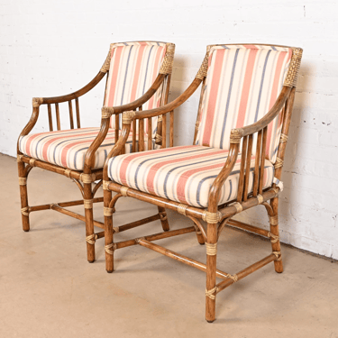 McGuire Hollywood Regency Organic Modern Bamboo Rattan Club Chairs or Dining Armchairs, Pair