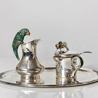 Vintage Mid Century Los Castillo Mexico Silver Plate Parrot Creamer and Sugar Set with Serving Tray 1950s 