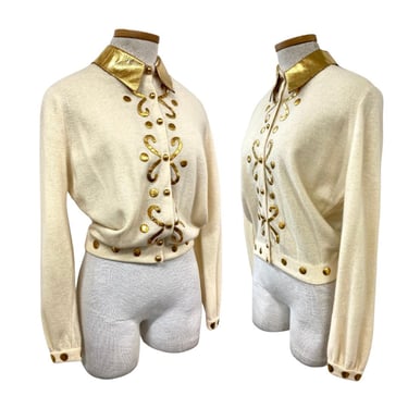 Vtg 50s Bombshell Pinup Rockabilly Gold Leather Appliqué Cream Cardigan 