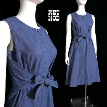 Chic Vintage 70s Blue Chambray Cotton Tank Dress with Waist Tie and Zip Front 