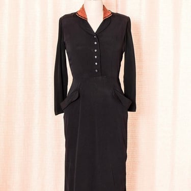 AS-IS *** Vintage 1940s 40s Black Rayon Beaded Velvet Collar Shirtwaist Wiggle Sheath Evening Cocktail Vamp Dress (large) 