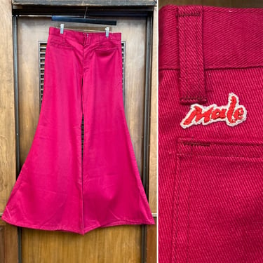 Vintage 1970’s -Deadstock- w33 Brushed Cotton Fabric Monster Flare Bell Bottoms Denim Disco Glam Mod Jeans, Cranberry Red, Wild Style 