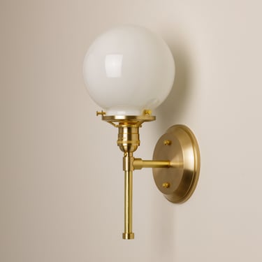 Wall Sconce Vanity Fixture - Solid Heavy Brass - Hand Blown Glass Shade - Wall Light- Kitchen Lighting - Round White Glass 