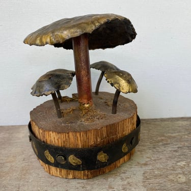 Vintage Metal Mushroom Sculpture, Marked Wunder Metal Art, Wood Base, Hand Made, Mushroom Lovers 