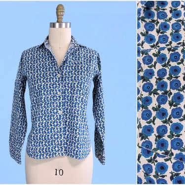 Vintage 1970s Blue Floral Button Down Shirt, Vintage 70s Long Sleeve Cotton Blouse 