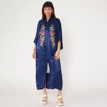 Vintage Blue Silk Kimono Robe 80s Floral Embroidered Asian Lingerie Robe Long Open Front Esme Maxi Dressing Gown Jacket 1980s Large 