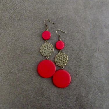 Long red earrings, Geometric earrings, African Afrocentric earrings, bold statement earrings chunky earrings, unique Art Deco, bronze 
