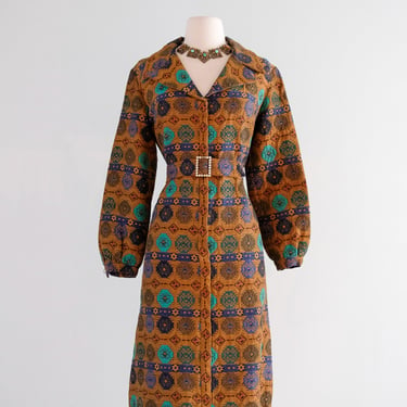 Fabulous 1960's Bronze & Turquoise Mosaic Dress by R&K Originals / M