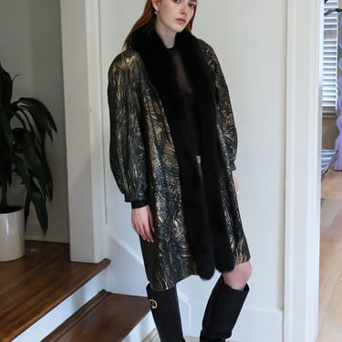Vintage 1980s Metallic Painted Leather + Faux Snakeskin Coat with Fur Trim Mink Chinchilla RealTree Forest Print Shearling Penny Lane 