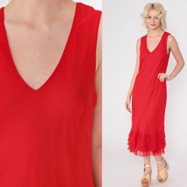Red Silk Dress 90s Tiered Flounce Hem Midi Shift Dress Retro Ruffled Sleeveless Chic Classic Party Dress J Peterman Vintage 1990s Medium 