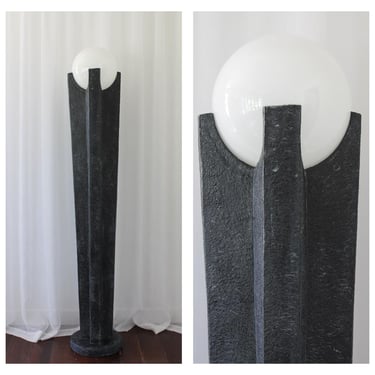 Vintage Postmodern Faux Stone Floor Lamp with Globe Shade – Retro 80's Statement Lighting 