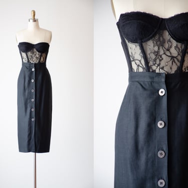 black linen skirt | 90s vintage Valerie Stevens minimalist dark academia longline midi pencil skirt 