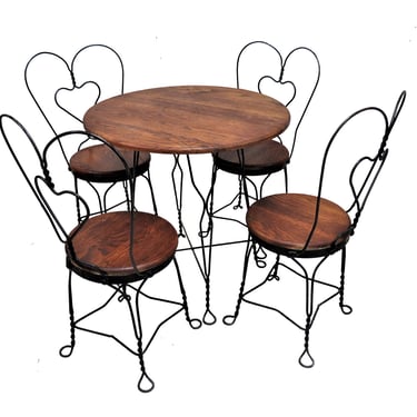 Bistro Table |  Vintage Twisted Metal and Oak Ice Cream Parlor Table and 4 Chairs 