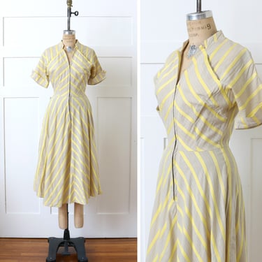vintage 1950s chevron stripe zipper front dress • striped cotton day dress with flared skirt 