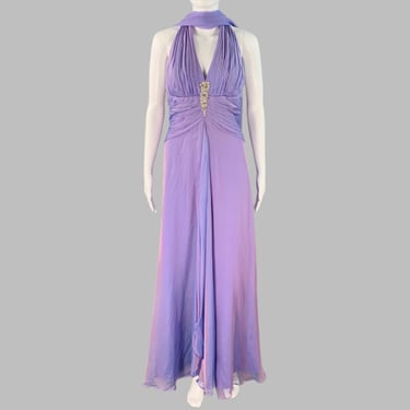 BADGLEY MISCHKA Size S Purple Lilac Silk Iridescent Halter Evening Gown