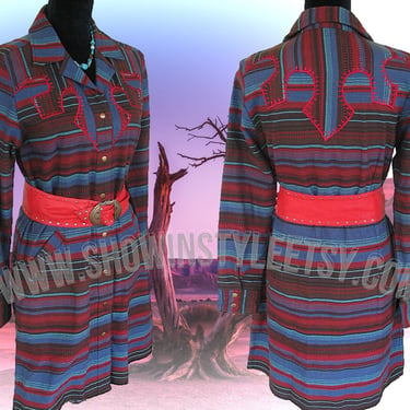 Women's Cattlelac Ranch Vintage Retro Western Dress, Rodeo Queen, Red & Turquoise Striped with Embroidery, Tag Size Med.  (see meas. below) 