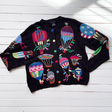 Eagle's Eye sweater y2k vintage black hot air balloon embroidered cardigan 