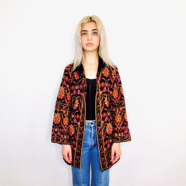 Tapestry Cardigan Sweater // vintage black 1990s floral 90s knit hippie dress blouse hippy tunic // S/M 
