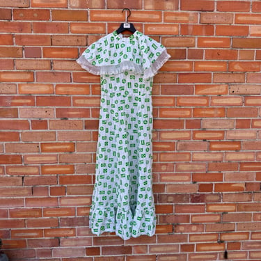 vintage 60s green white liberty print ruffle neck dress / xs extra small 