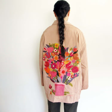 Vintage 70s Floral Embroidered Jacket - 1970s 80s Oversized Baggy Shawl Collar Relaxed Fit Buttonless Drape Jacket 