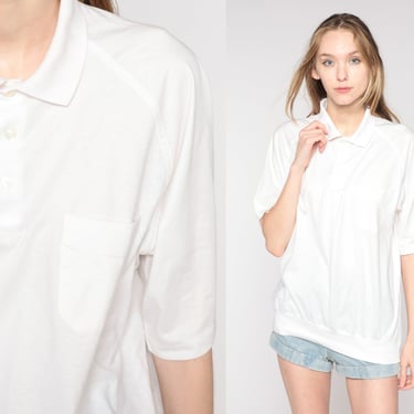 White Polo Shirt -- Vintage 80s Half Button Up Shirt Banded Hem Top Collared 1980s Slouch Short Sleeve Large L 