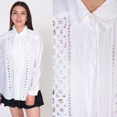 Cutout Lace Blouse 90s White Button up Shirt Boho Top Cutwork Long Sleeve Blouse Cut Out Button Up Vintage Bohemian 1990s Extra Large xl 