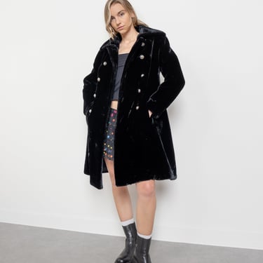 BLACK FAUX FUR Double Breasted Trench Coat Vintage Small Fit Coat Jacket 