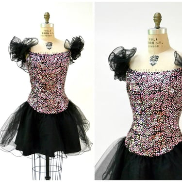 80s Vintage Prom Dress In Black sequin Dress XS Small // 80s Metallic Sequin Party Dress Black Pink Sequins Ballerina Barbie Dress Nadine 