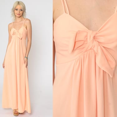 1970s Grecian Dress Pastel Peach Maxi Party Empire Waist Chest Tie 70s Disco Goddess Jersey Spaghetti Strap Long Vintage Small 