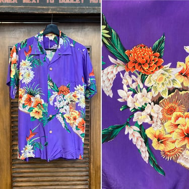 Vintage 1950’s Purple “Pali” Tiki Floral Rayon Hawaiian Shirt, 50’s Loop Collar Shirt, Vintage Clothing 