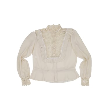 Vintage Cream Floral Pleated Bib Blouse Size Small Formal Evening Blouse Long Sleeve Lace Top Cottagecore Blouse Wedding Top Boho Chic Top 