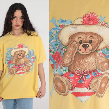 Teddy Bear Shirt 90s Heart TShirt Yellow Grandma T Shirt Granny Tee Vintage Graphic T Shirt 1990s Tee Extra Large xl 