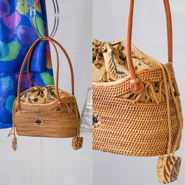 Vintage 70s Indonesian Mini Woven Cocktail Leather Top Handle Purse w/ Bucket Bag Interior | Made in Indonesia | 1970s Bohemian Evening Bag 