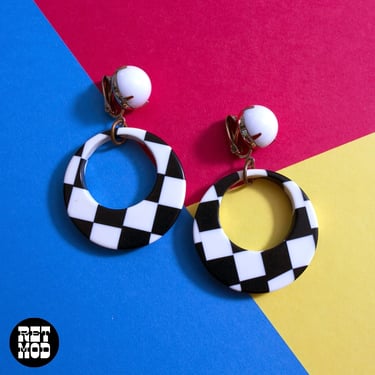 AMAZING Vintage 60s Black & White Checkerboard Mod Clip-On Earrings 