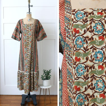 vintage 1970s tiki kaftan dress • boho bell sleeve cotton batik print long dress 