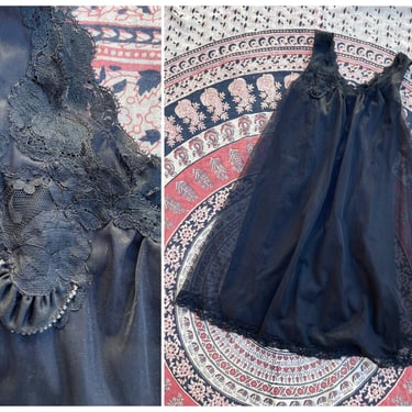 Vintage ‘60s Vanity Fair sheer black nylon nightie | chiffon negligee with black lace & beaded trim, XS 