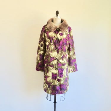 Vintage 1960's Style Purple Green Watercolor Floral Print Coat with Faux Fur Collar Fall Winter House of Hollywood Glamorous Size 16 Large 