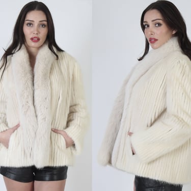 Vintage 80s Blonde Mink Fur Jacket, Plush Real Arctic Fox Trim Coat, Chubby Winter Apres Ski Corded Bomber Overcoat 