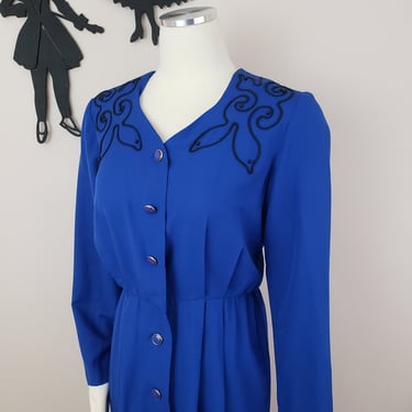 Vintage 1980's Blue Day Dress / 80s Rayon Secretary Dress 