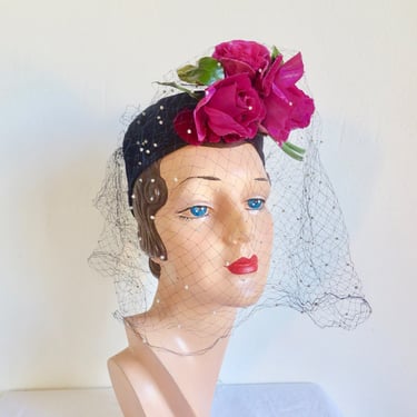 1940's Navy Blue Calot Hat Magenta Pink Silk Roses Face Veil 40's Spring Summer Millinery Rockabilly WW2 Era Hats size 22.5 I. Magnin & Co. 