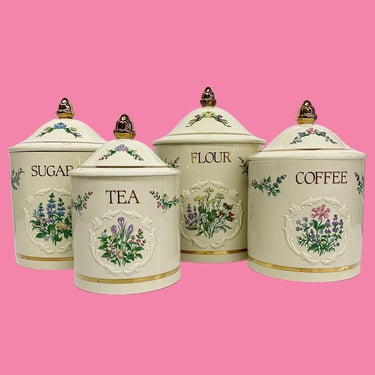 Vintage Lenox Canister Set Retro 1990s Farmhouse + Spice Garden + Flowers + Porcelain + Set of 4 + Flour + Sugar + Coffee + Tea + Kitchen 