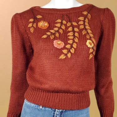 1970s puff sleeve sweater vintage pullover with relief embroidery floral short cut & boat neck autumn fall rust brown (XS/S) 