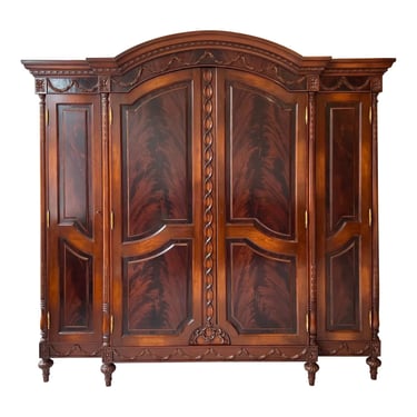 Monumental Flame Mahogany Carved Triple Arched Armoire 