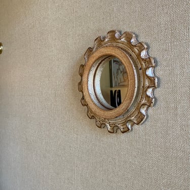 Midcentury Modern Handmade Ceramic Mirror, California Pottery Robert Maxwell Style Mirror, Round Cog Like Wall Mirror Bathroom, Kitchen 