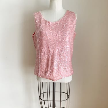 Vintage 1960s Pink Beaded Sequin Wool Top / L 