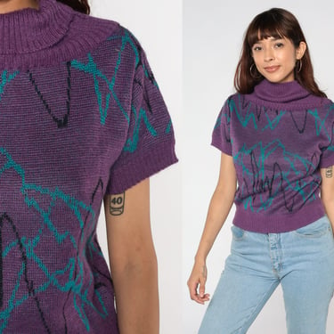 Purple Sweater Top 80s 90s Knit Shirt Turtleneck Blue Black Abstract Scribble Print Short Sleeve Sweater Spring Blouse Vintage 1980s Small S 