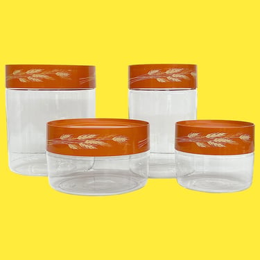 Vintage Pyrex Canister Set Retro 1970s Contemporary + Autumn Harvest + Clear Glass + Plastic Tops + Set of 4 + Kitchen + Dry Goods Storage 